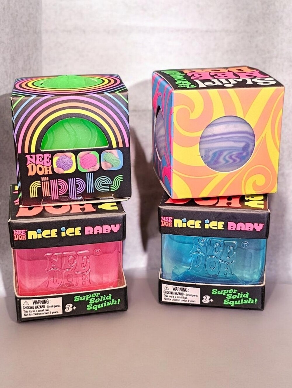 4 Teenie NeeDoh Swirl Square Ripple Square Ball Squishy Fidget Toy Collectible